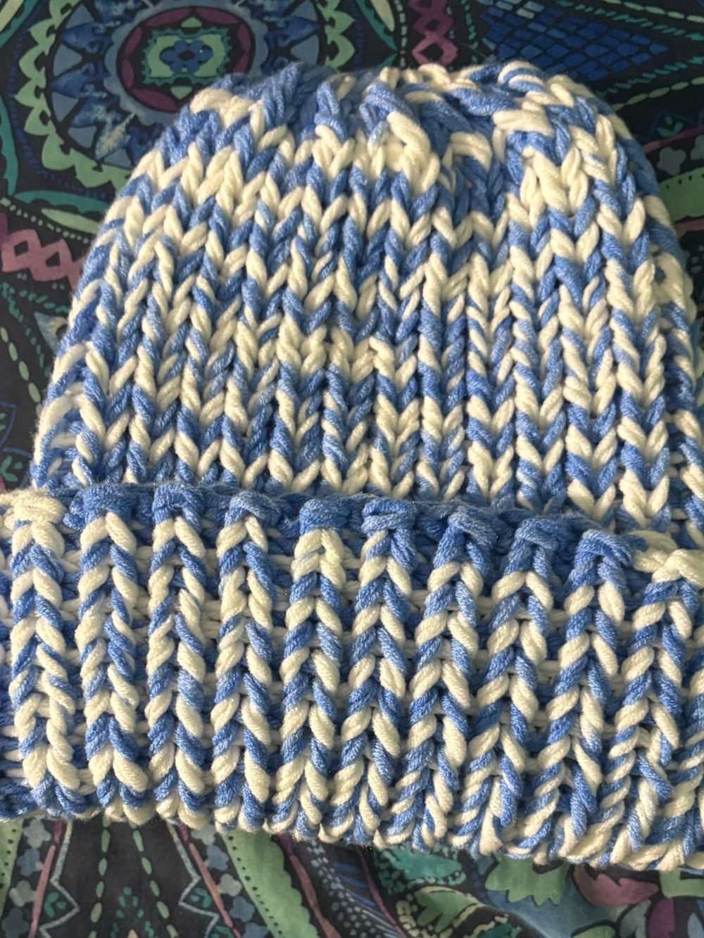 Cozy Knit Beanie - Blue & Cream